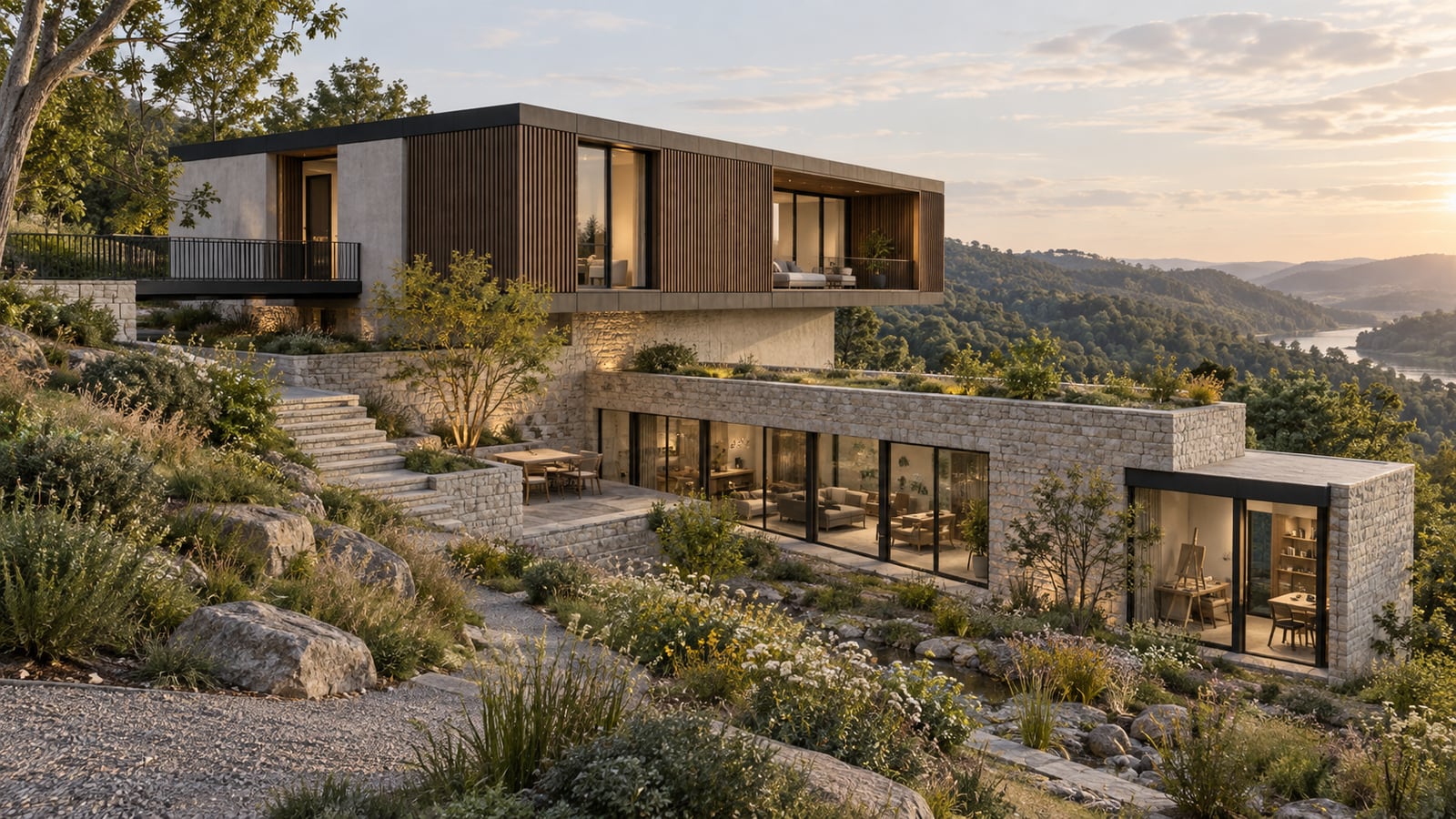 Slope House — Downhill three-quarter building view. AI-assisted concept visualization.