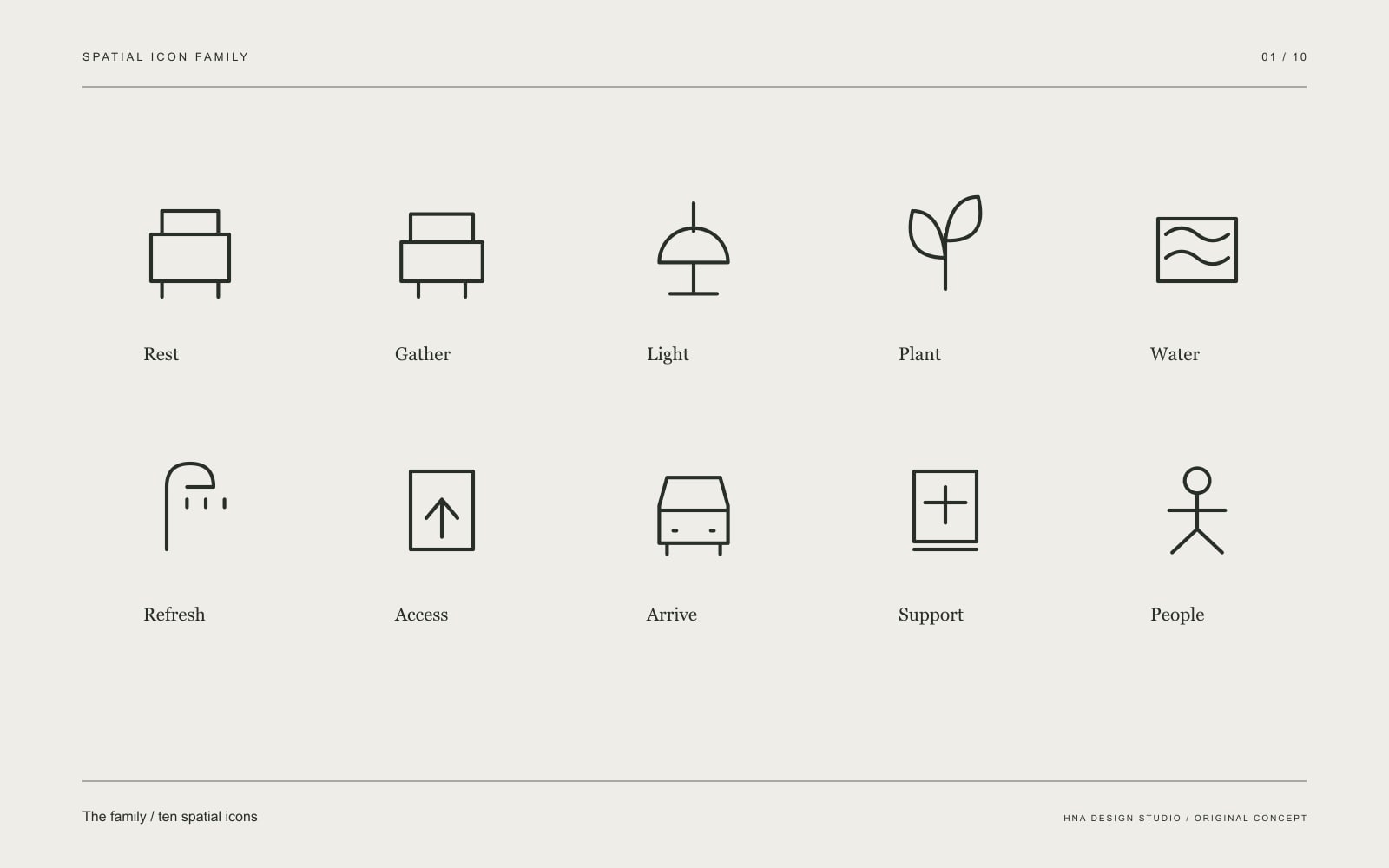Original graphic study: The family / ten spatial icons