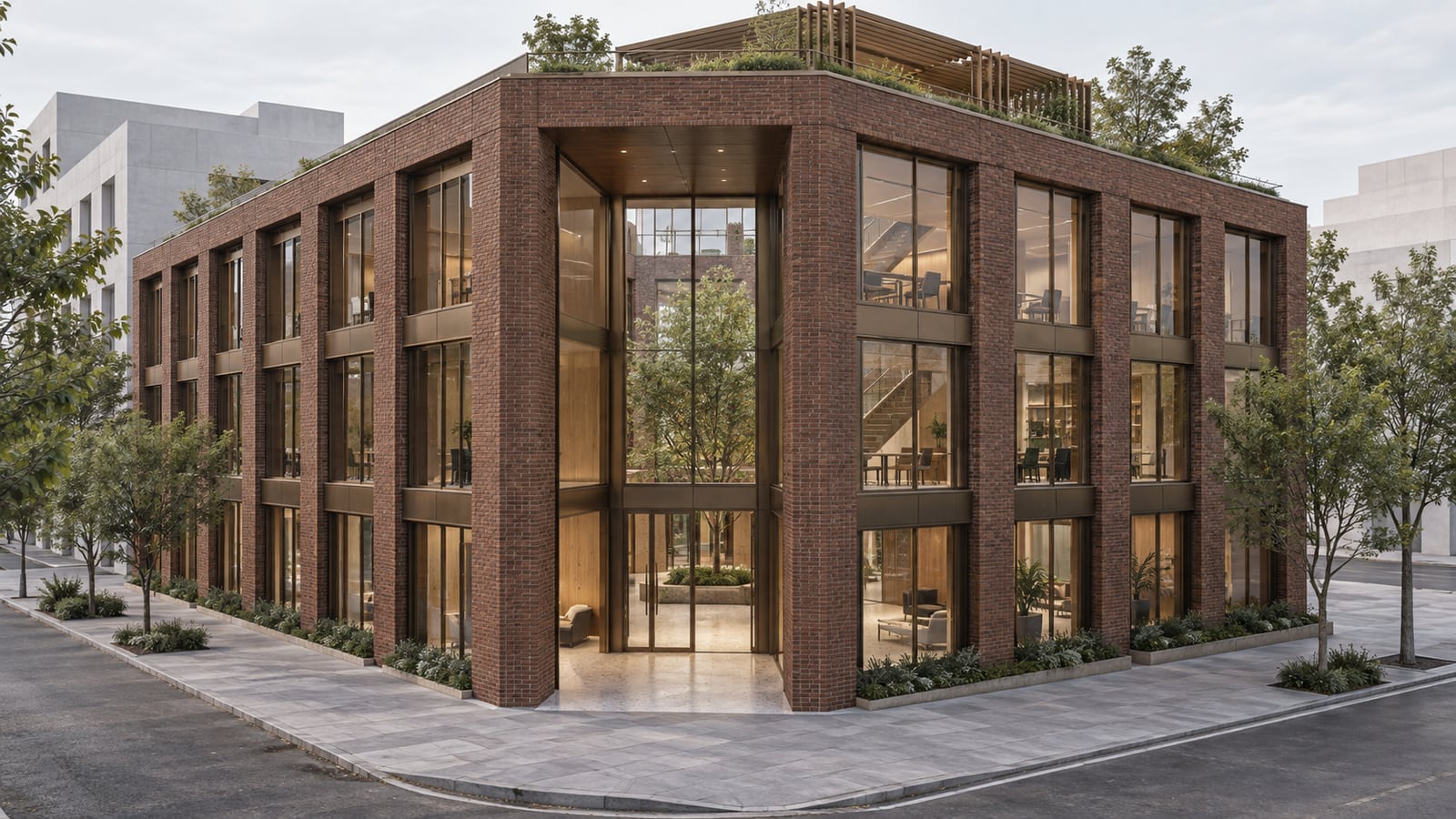 Urban Courtyard Workplace — Corner facade and recessed entrance. AI-assisted concept visualization.