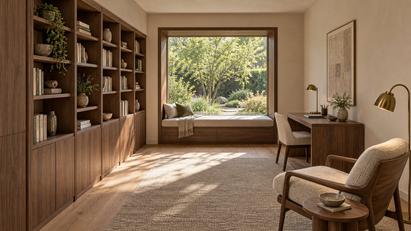 AI-assisted concept visualization: Reading room and full shelving wall