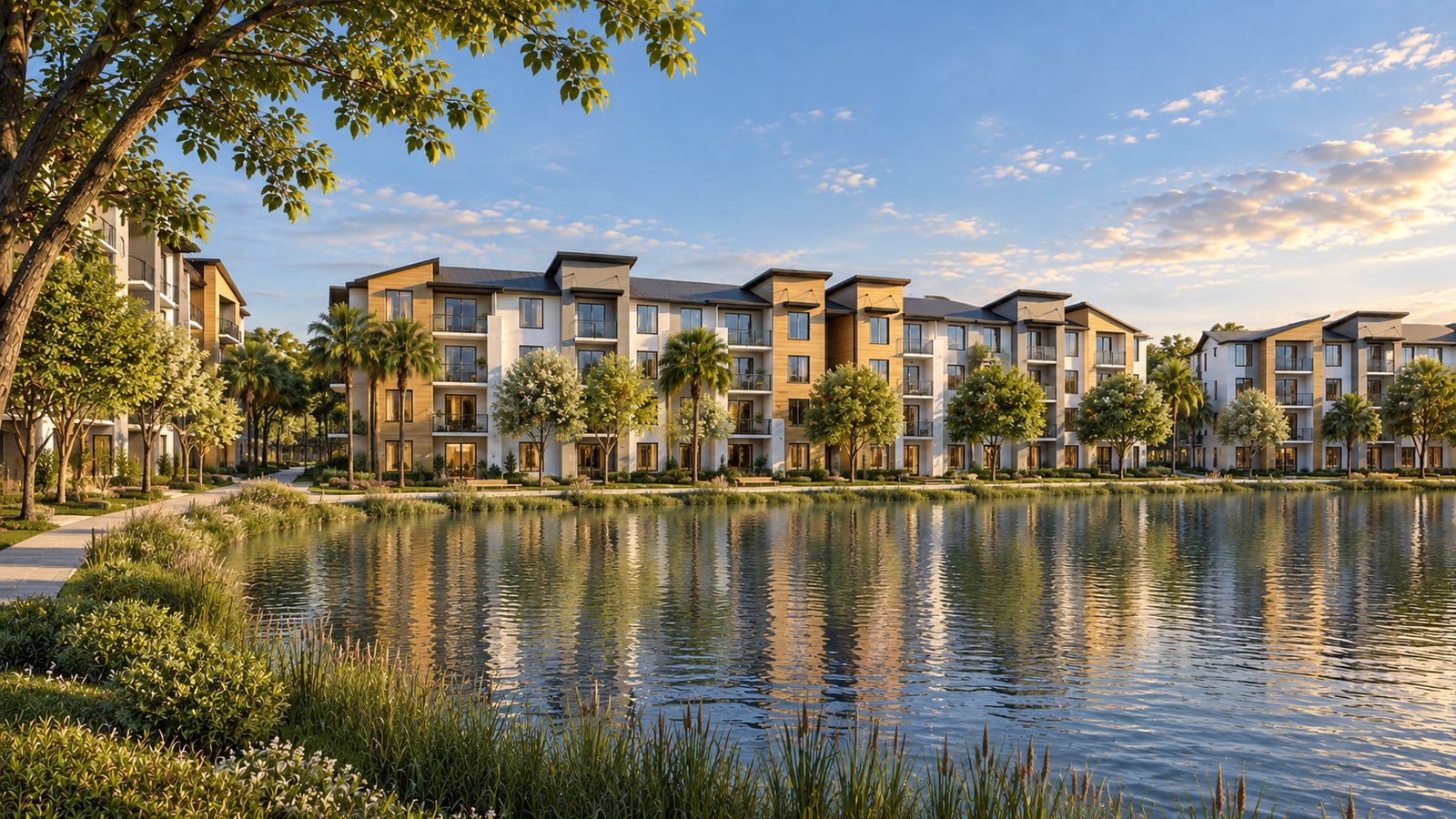 Waterside Courts — Three-quarter waterside block overview. AI-assisted concept visualization.